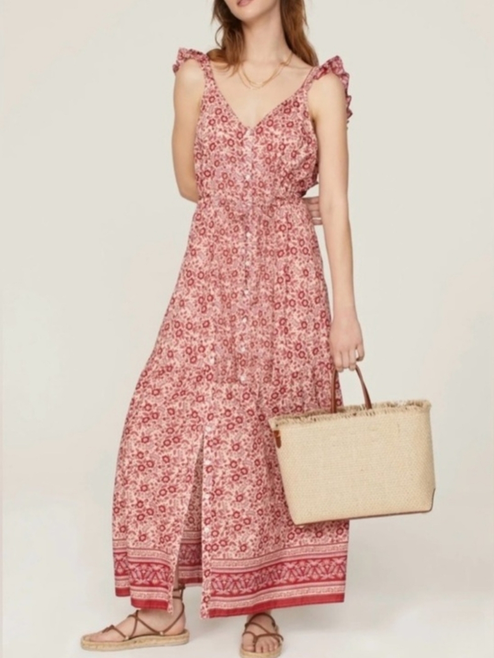 NWT Faherty Hyland Floral Tiered Maxi Summer Dress with Ruffle Straps Size L